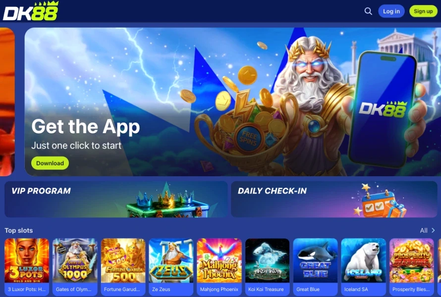 DK88 'Get the App' banner with a Download button above VIP Program and Daily Check-In tiles and a Top slots row