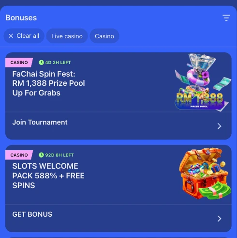 Senarai Bonuses DK88 memaparkan kad turnamen FaChai Spin Fest dan kad Slots Welcome Pack 588%