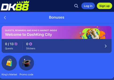 DK88 Bonuses screen showing the Promo code icon alongside King's Market and quest progress