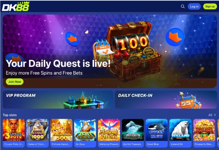 Sepanduk 'Your Daily Quest is live!' DK88 dengan butang Join Now serta pautan Log in dan Sign up di penjuru atas