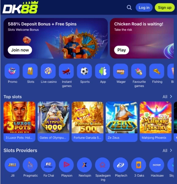 Bar akses pantas laman utama DK88 memaparkan ikon App bersama Promo, Slots, Live casino dan Sports