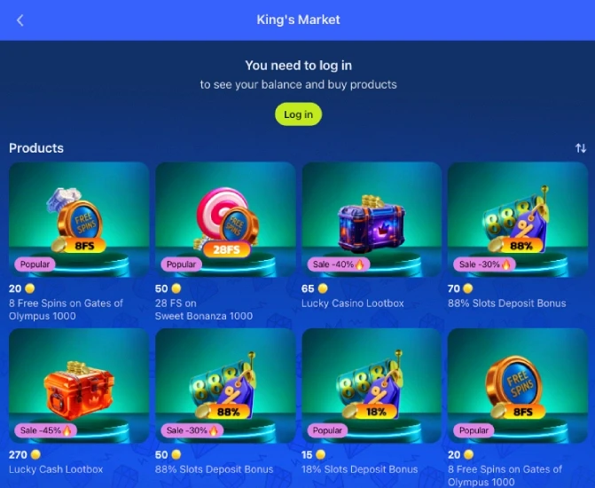 DK88 King's Market screen listing free spins, deposit bonuses and lootboxes for sale