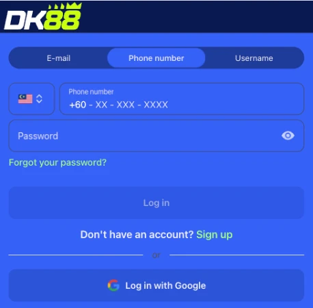 DK88 login form with Email, Phone number and Username tabs, a password field and a Log in with Google button