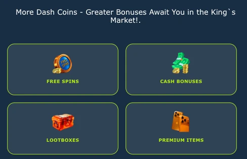 Skrin King's Market DK88 memaparkan kategori Free Spins, Cash Bonuses, Lootboxes dan Premium Items