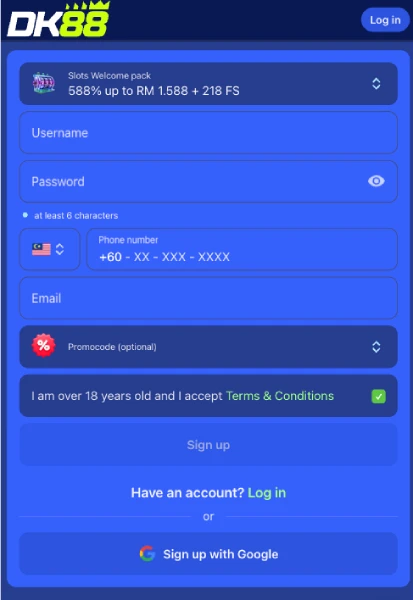DK88 sign-up form showing Username, Password, phone number, Email and Promocode fields with the 18+ Terms checkbox