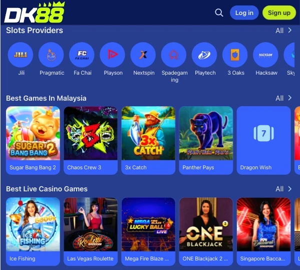 DK88 mobile browser view listing Slots Providers, Best Games in Malaysia and Best Live Casino Games rows