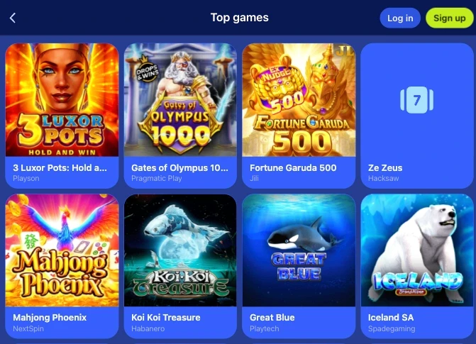 Skrin Top games DK88 dalam pelayar mudah alih memaparkan 3 Luxor Pots, Gates of Olympus 1000 dan Fortune Garuda 500