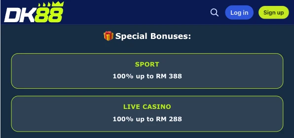 DK88 Special Bonuses screen listing the 100% Sport bonus up to RM 388 and 100% Live Casino bonus up to RM 288
