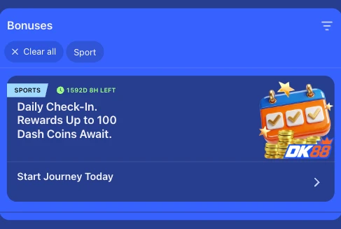 Skrin Bonuses DK88 ditapis kepada Sport memaparkan kad Daily Check-In dengan ganjaran sehingga 100 Dash Coins