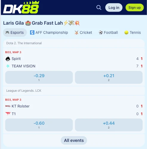 DK88 sportsbook screen showing Esports odds for Dota 2 and League of Legends matches